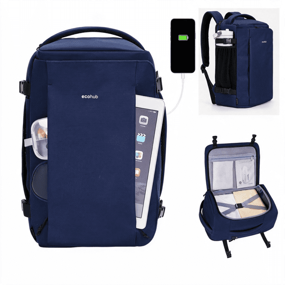 WANDF Small Travel Backpack for Men,20L Carry On Clamshell Backpack with USB Charging Port,Personal Item Travel Bag 17x10x9,14" Laptop Backpack for Work,College,Business(Blue-B)