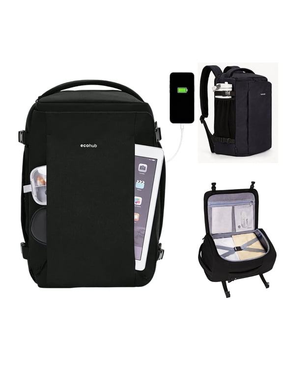 Small Travel Backpack for Men,20L Carry On Clamshell Backpack with USB Charging Port,Personal Item Travel Bag 17x10x9,14" Laptop Backpack for Work,College,Business(Black-B)