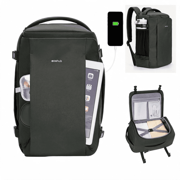 WANDF Small Travel Backpack for Men,Personal Item Travel Bag 17x10x9 | 20L Carry On Clamshell Backpack with USB Charging Port,14" Laptop Backpack for Work,College,Business(Green-B)
