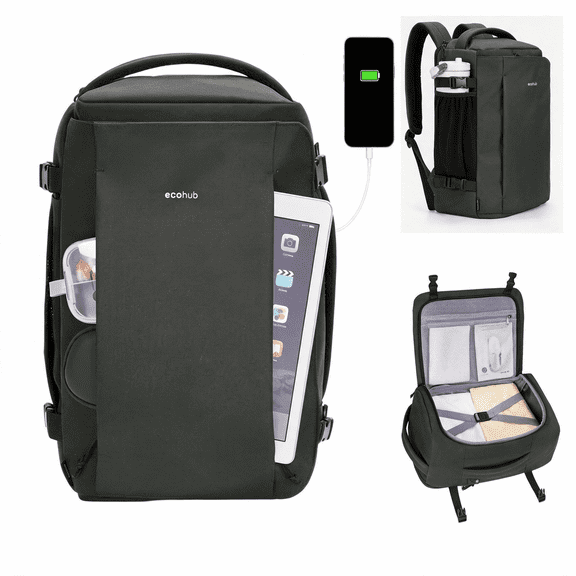 WANDF Small Travel Backpack for Men,Personal Item Travel Bag 17x10x9 | 20L Carry On Clamshell Backpack with USB Charging Port,14" Laptop Backpack for Work,College,Business(Green-B)