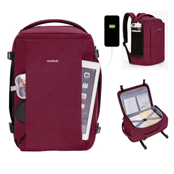 WANDF Small Travel Backpack for Women,20L Carry On Clamshell Backpack with USB Charging Port,Personal Item Backpack 17x10x9 | 14" Laptop Backpack for Work,College,Business(Red-B)