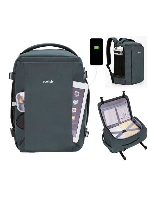 Small Travel Backpack for Men,20L Carry On Clamshell Backpack with USB Charging Port,Personal Item Travel Bag 17x10x9,14" Laptop Backpack for Work,College,Business(Grey-B)