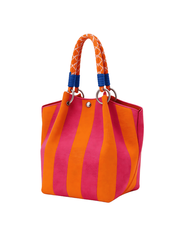 Small Woven Tote Bag for Women,Knit Handbag Bag Purse with Magnetic Closure,Striped Crochet Bucket Bag for Vacation,Beach,Travel Weekend(Orange Pink Striped)