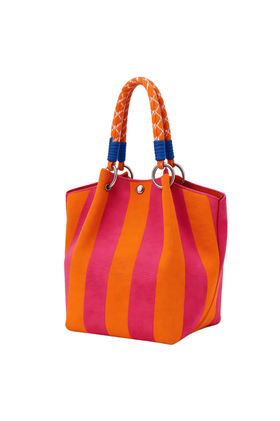Small Woven Tote Bag for Women,Knit Handbag Bag Purse with Magnetic Closure,Striped Crochet Bucket Bag Small Shoulder Bag for Vacation,Beach,Travel Weekend(Orange Pink Striped)