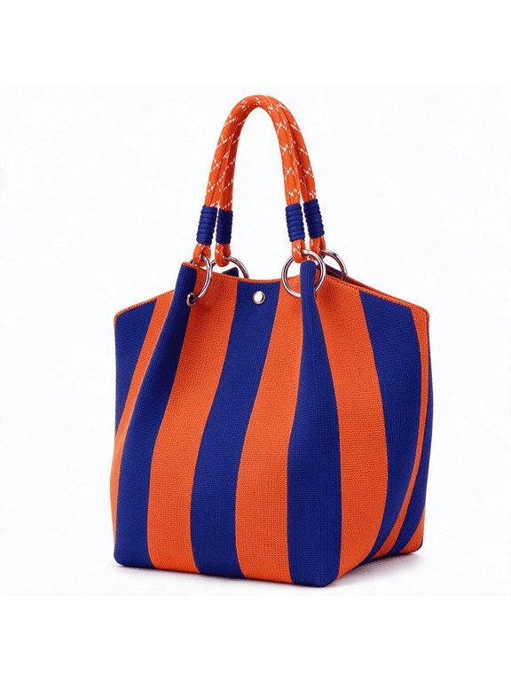 Small Woven Tote Bag for Women,Mini Knit Handbag Crochet Purse with Magnetic Closure,Striped Bucket Bag for Vacation,Beach,Travel Weekend(Blue Orange Striped)