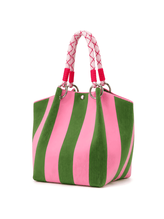 Small Woven Tote Bag for Women,Knit Handbag Bag Purse with Magnetic Closure,Striped Crochet Bucket Bag for Vacation,Beach,Travel Weekend(Pink Green Striped)