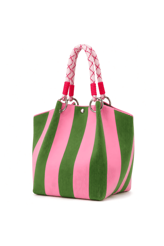 Small Woven Tote Bag for Women,Knit Handbag Bag Purse with Magnetic Closure,Striped Crochet Bucket Bag Small Shoulder Bag for Vacation,Beach,Travel Weekend(Pink Green Striped)