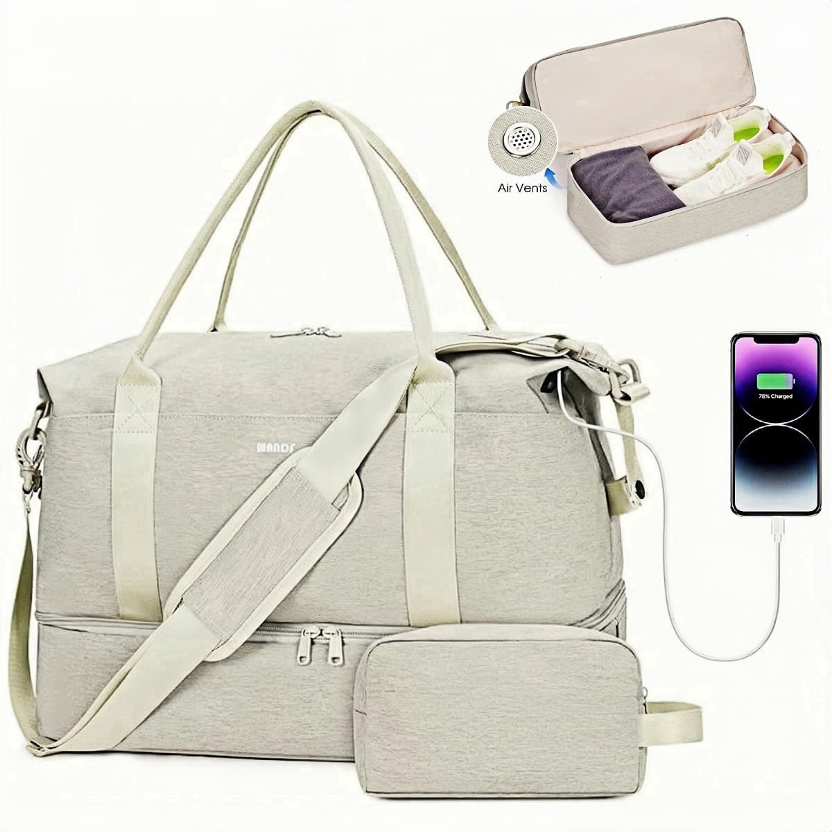 WANDF For Spirit Airlines Travel Bag With Shoe Compartment,Underseat Carry On Bag Weekender Bag with Toiletry Bag,Personal Item Bag 18x14x8 With USB Charging Port,Gym Bag With Wet Pocket(Beige Bag)