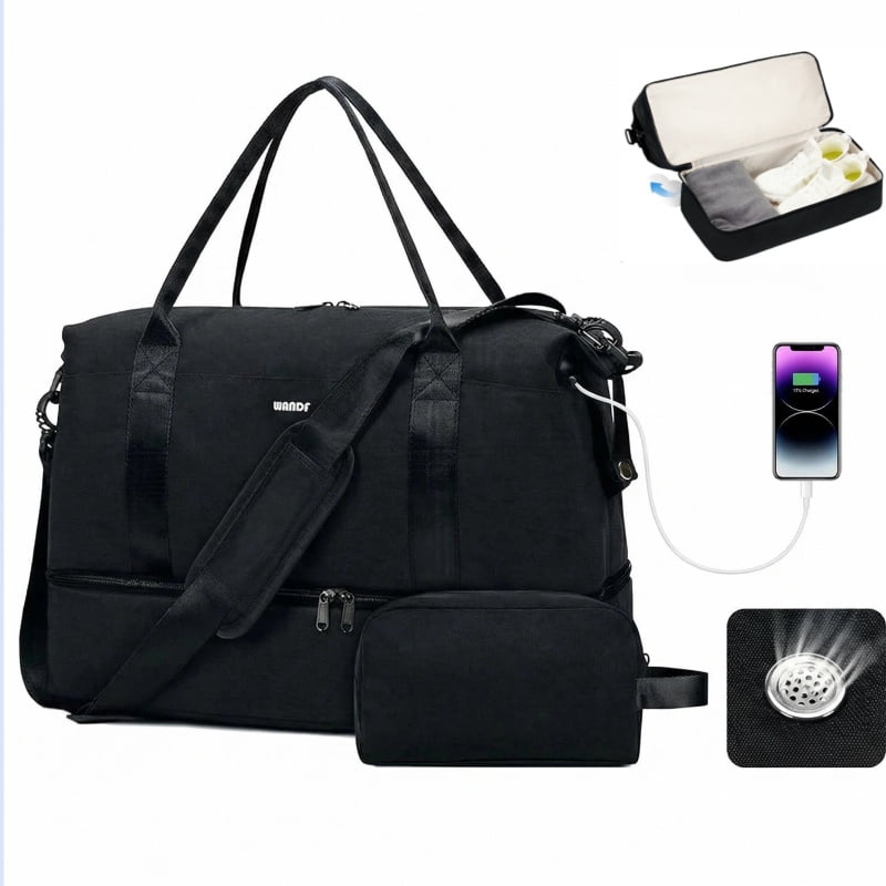 WANDF For Spirit Airlines Travel Bag With Shoe Compartment,18x14x8 Underseat Carry On Bag Weekender Bag with Toiletry Bag,Personal Item Bag With USB Charging Port,Gym Bag With Wet Pocket(Black Bag)