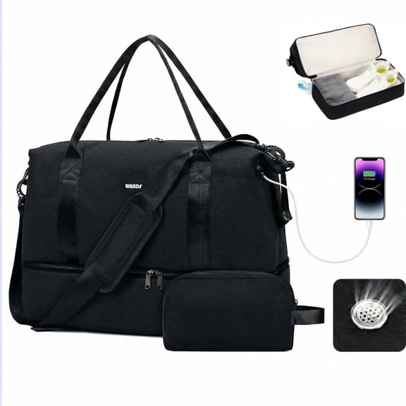 WANDF For Spirit Airlines Travel Bag With Shoe Compartment,18x14x8 Underseat Carry On Bag Weekender Bag with Toiletry Bag,Personal Item Bag With USB Charging Port,Gym Bag With Wet Pocket(Black Bag)