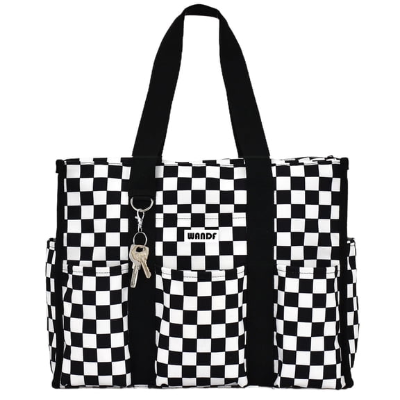 WANDF Tote Bag for Women Men with Zipper,Large Canvas Laptop Work Totes Bag with Multi-Pockets for Collegers,Teacher,Nuser,Doctor,Durable Bag for Travel,Beach,Gym(Black and White Grid)