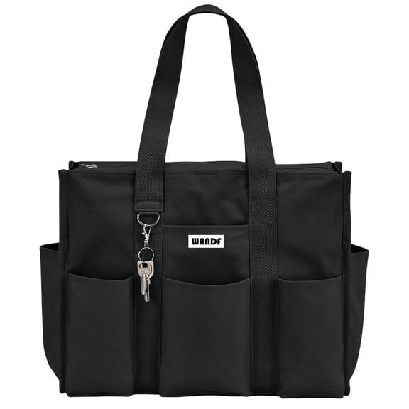 WANDF Tote Bag for Women with Zipper,Large Canvas Laptop Work Totes Bag with Multi-Pockets for Collegers,Teacher,Nuser,Doctor,Durable Bag for Travel,Beach,Gym(Black Totes)