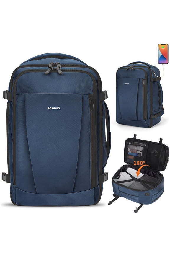Airline Approved Travel Backpack with USB Port, 30L Waterproof Carry On Personal Item Bag 18x14x8  for Men Women, 13 Pockets Laptop Weekender Backpack, Daypack for Business Travel Gym,Blue