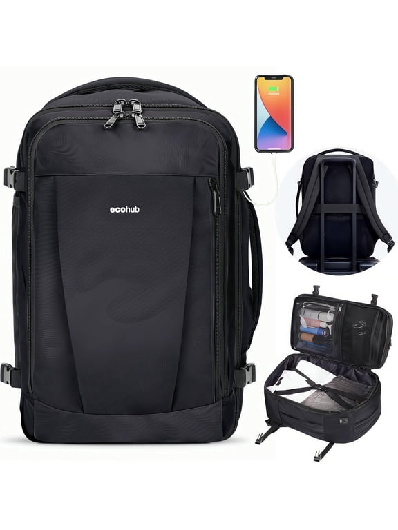 Travel Backpack with USB Port,18'' Waterproof Carry On Laptop Backpack,13 Pockets Personal Item Bag 18x14x8 for Men Women, 30L Daypack for Weekender Business Travel Gym,Black