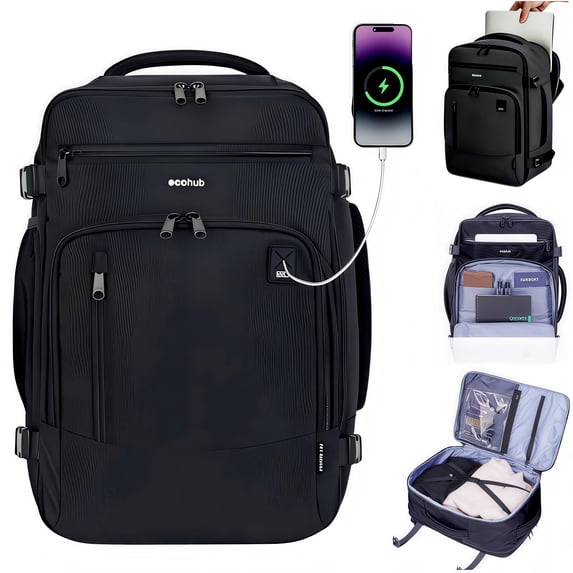 WANDF Travel Backpack With 16 Pockets, 17'' Airline Approved Carry on Luggage,Waterproof Personal Item Bag Fit 15.6" Laptop, Lightweight Casual Daypack for Weekender Business Hiking(Black 25L)