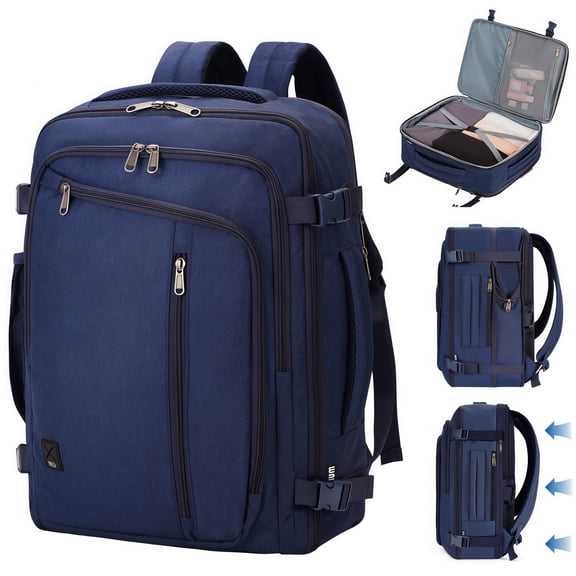 WANDF Expandable Travel Backpack 17 In Laptop Carry On Backpack with USB Pocket Wet Pocket,Waterproof Underseat personal item travel bag, Large Casual Daypack for Weekender Business(Navy Blue)