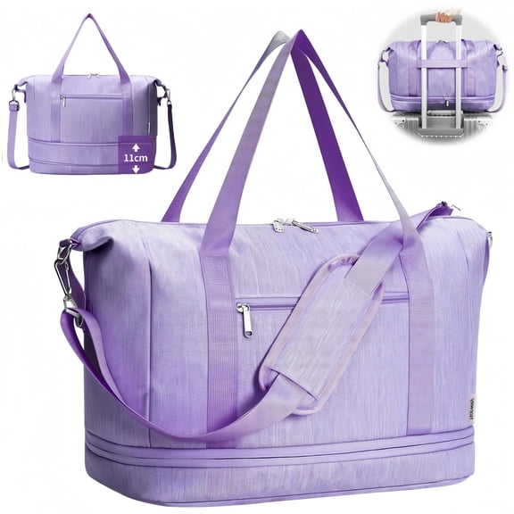 WANDF Travel Duffel Bag for Spirit Airlines, Expandable Carry on Personal Item Bag 18x14x8 Underseat, Waterproof Overnight Weekender Bag with Trolley Sleeve for Women Men(Purple Bag)