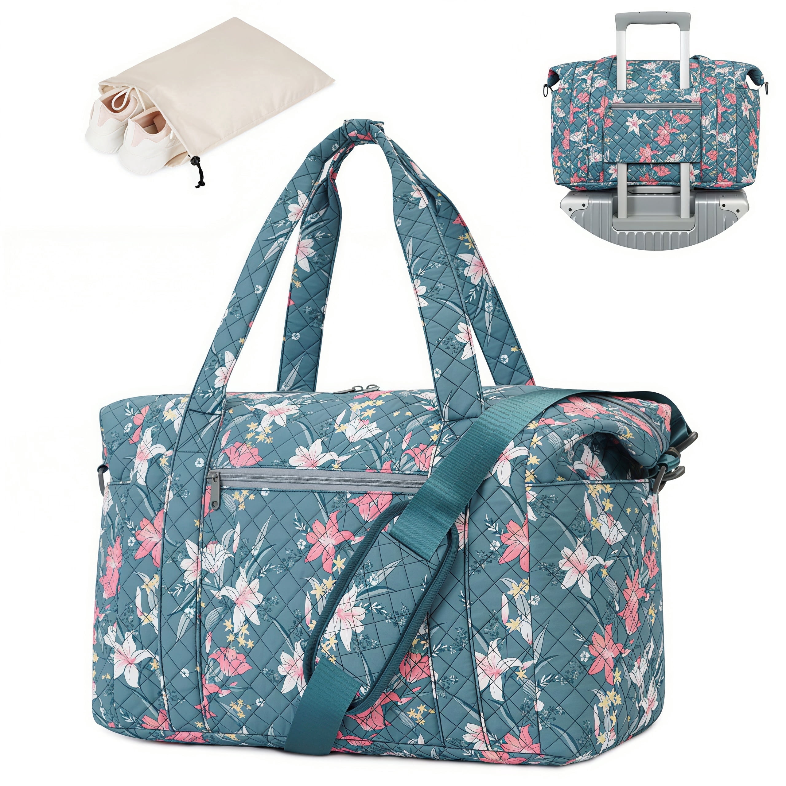 WANDF Travel Duffel Bags with Shoe Bag,Airline Approved Personal Item Bag for Women with Wet Pocket,Trolley Sleeve,Quilted Overnight Weekender Bag for Camping Gym Beach(Blue,Flower)