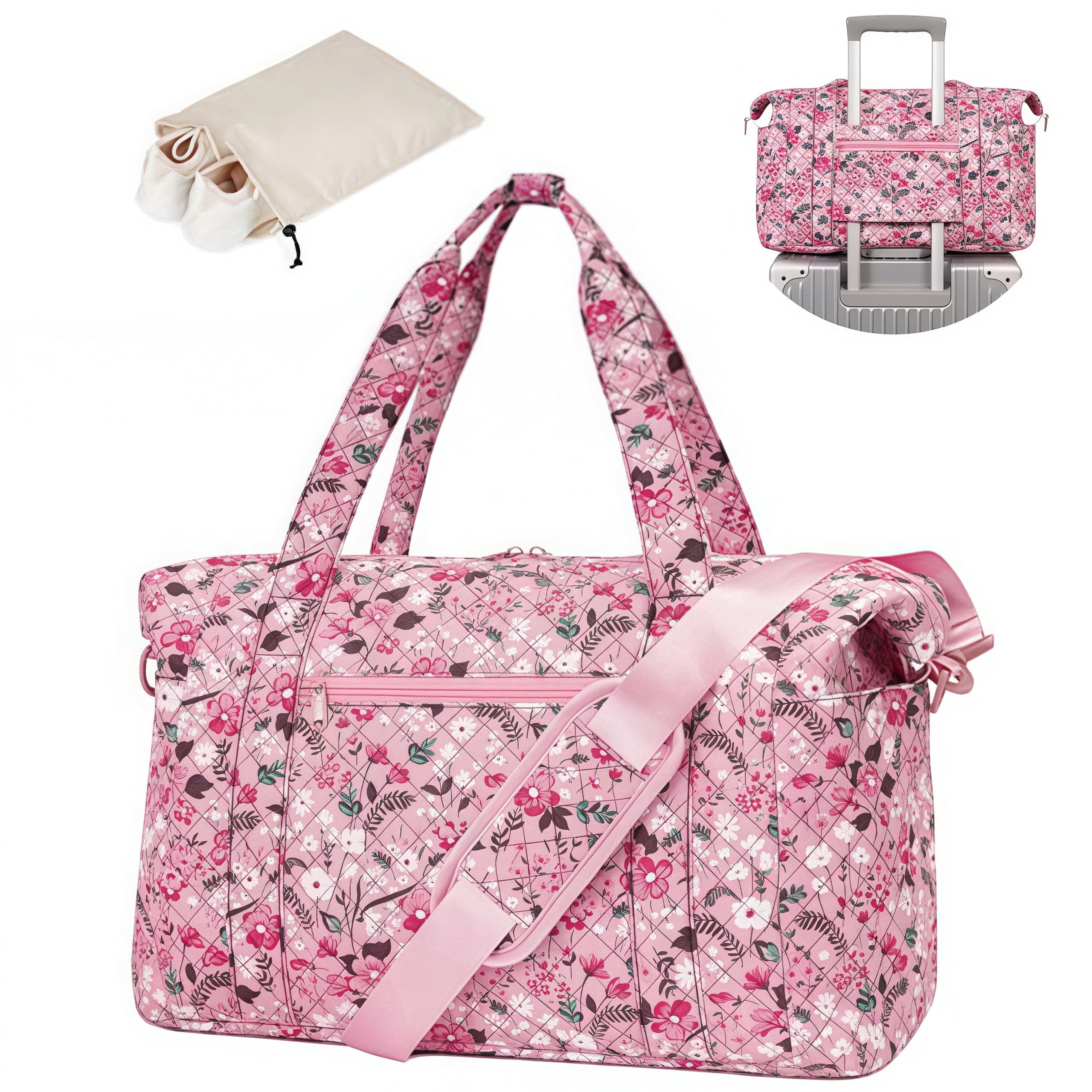 WANDF Travel Duffel Bags with Shoe Bag,Airline Approved Personal Item Bag for Women with Wet Pocket,Trolley Sleeve,Quilted Overnight Weekender Bag for Camping Gym Beach(Pink,Flower)