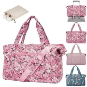 Quilted Travel Duffel Bags with Shoe Bag,Airline Approved Personal Item Bag for Women with Wet Pocket,Trolley Sleeve,Overnight Weekender Bag for Camping Gym BeachPink,Flower
