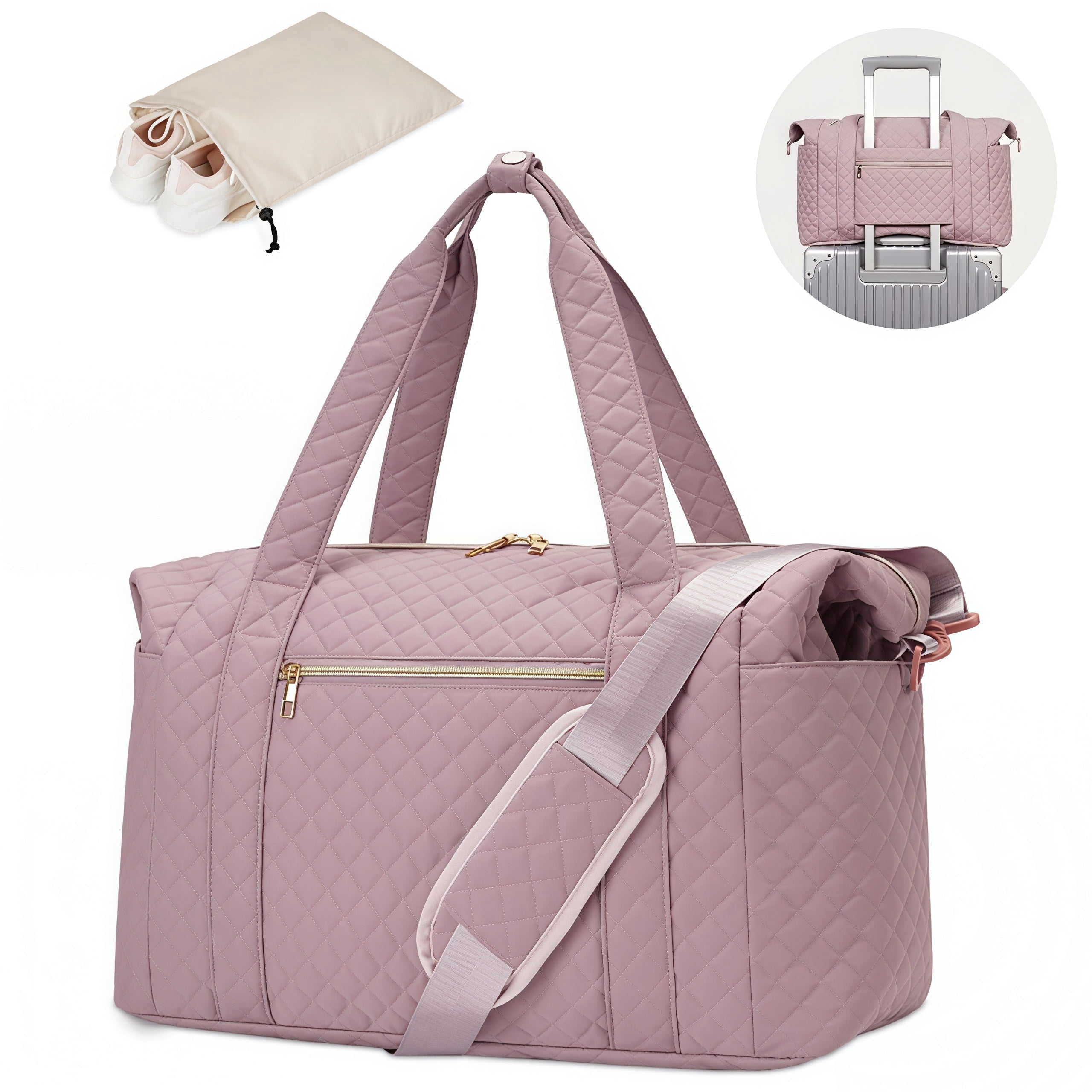 WANDF Travel Duffel Bags with Shoe Bag,Airline Approved Personal Item Bag for Women with Wet Pocket,Trolley Sleeve,Quilted Overnight Weekender Bag for Camping Gym Beach(Pink Bag)