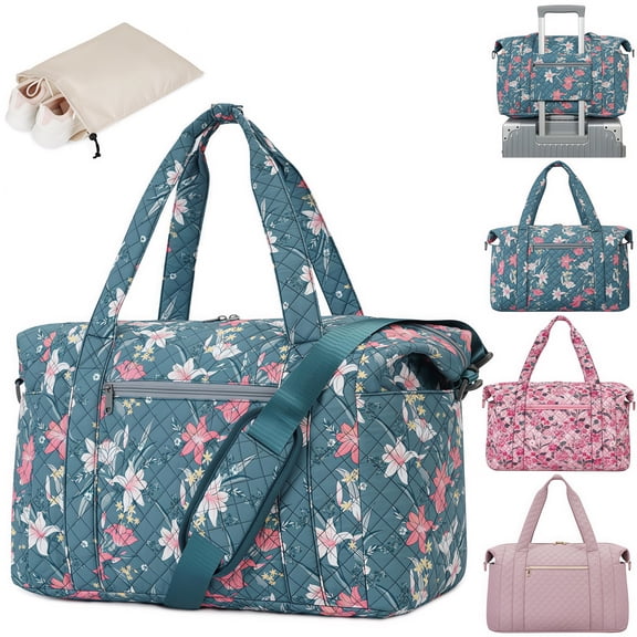 Quilted Travel Duffel Bags with Shoe Bag,Airline Approved Personal Item Bag for Women with Wet Pocket,Trolley Sleeve,Quilted Overnight Weekender Bag for Camping Gym Beach(Blue,Flower)