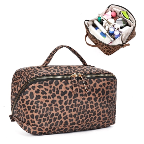 WANDF Travel Makeup Bag,PU Leather Toiletry Bag for Women,Waterproof Cosmetic Bag,Flat Open Portable Cosmetic Organizer for Skincare, Brushes,Travel Essentials(Brown Leopard Print)