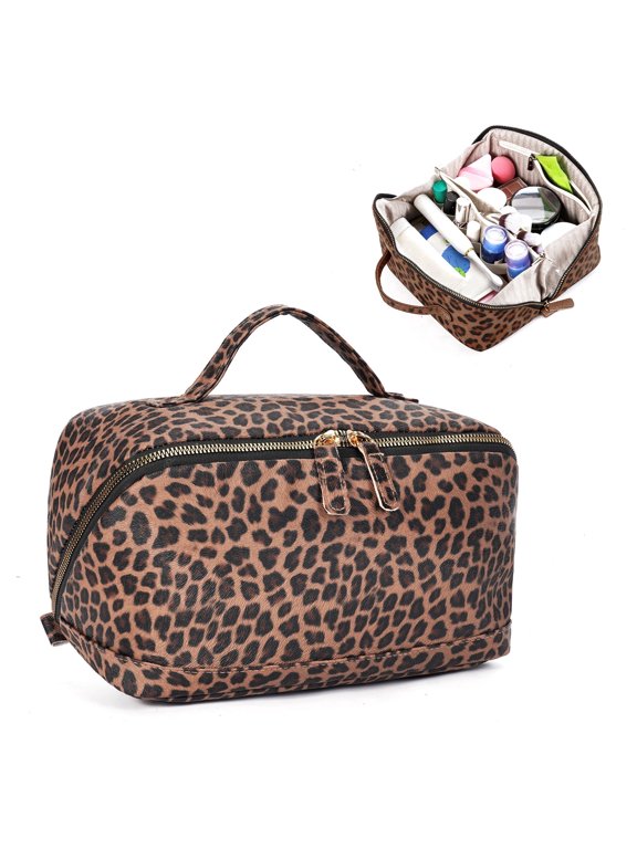 Travel Makeup Bag,PU Leather Toiletry Bag for Women,Waterproof Cosmetic Bag,Flat Open Portable Cosmetic Organizer for Skincare, Brushes,Travel Essentials(Brown Leopard Print)