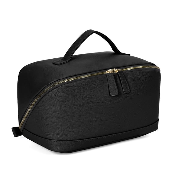 WANDF Travel Makeup Bag,Large Toiletry Bag for Women,Waterproof PU Leather Cosmetic Bag,Flat Open Portable Cosmetic Organizer for Skincare, Brushes,Travel Essentials(Black)