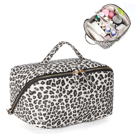 WANDF Travel Makeup Bag,PU Leather Toiletry Bag for Women,Waterproof Cosmetic Bag,Flat Open Portable Cosmetic Organizer for Skincare, Brushes,Travel Essentials(Black&White Leopard Print)