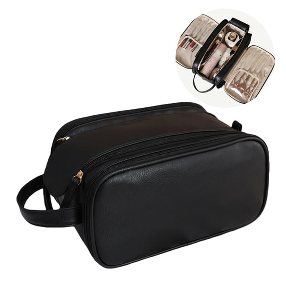 WANDF Travel Toiletry Bag with PVC Brush Guards for Women Men,PU Leather Hanging Dopp Shaving Kit Bag with Dual-Zip U-Shape Opening,Cosmetic Makeup Organizer Bathroom Bag for Ladies(Black)