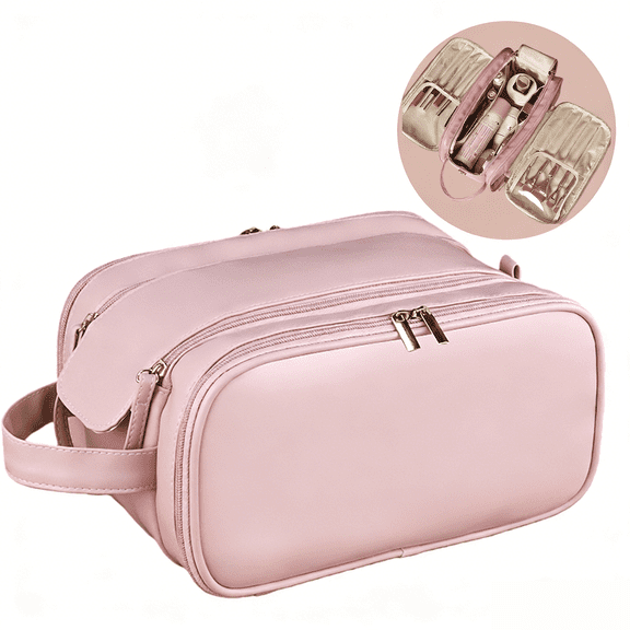 WANDF Travel Toiletry Bag with PVC Brush Guards for Women Men,PU Leather Hanging Dopp Shaving Kit Bag with Dual-Zip U-Shape Opening,Cosmetic Makeup Organizer Bathroom Bag for Ladies(Pink)