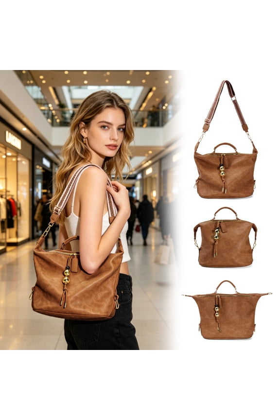 Vintage Crossbody Bag with Colorful Wide Strap, PU Leather Trendy Shoulder Purse Convertible Tote Handbag with Tassel Zipper,Casual Daily Work Commute Travel Shoulder Bag for Women,Light Brown