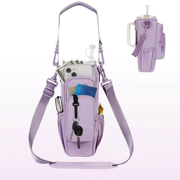 WANDF Water Bottle Carrier Bag with Phone Pocket, 40oz Tumbler with Handle Accessories,Insulated Water Bottle Holder with Strap,Straw Cover,Pouch for Men Women Hiking Camping Travel Gym(Purple Bag)