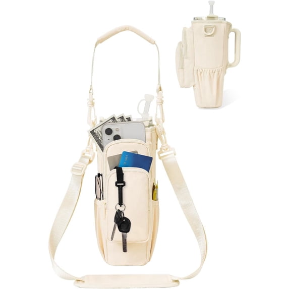 WANDF Water Bottle Carrier Bag with Phone Pocket, 40oz Tumbler with Handle Accessories,Insulated Water Bottle Holder with Strap,Straw Cover,Pouch for Men Women Hiking Camping Travel Gym(Beige Bag)
