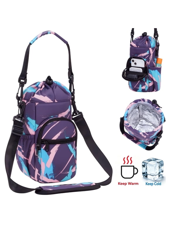 Insulated Water Bottle Holder for 32oz 40oz Bottles, Water Bottle Carrier Sling Bag with Strap and Phone Pocket, Crossbody Pouch for Walking Hiking Travel Gym Beach(Blue Feather)