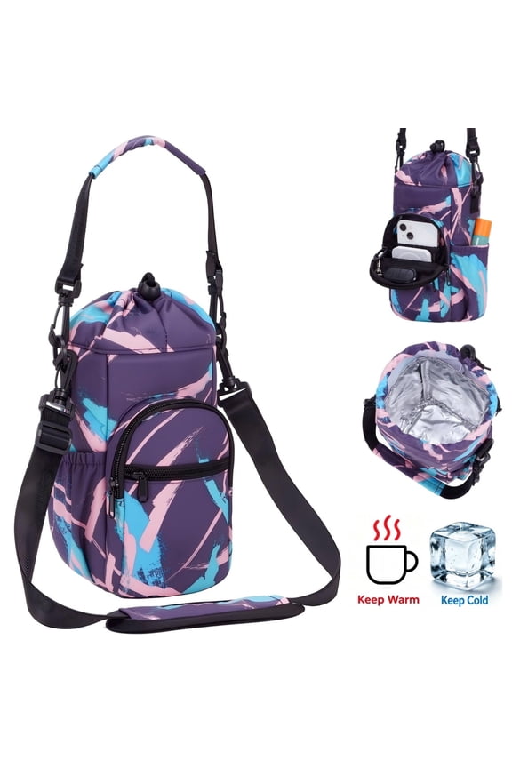 Insulated Water Bottle Holder for 32oz 40oz Bottles, Water Bottle Carrier Sling Bag with Strap and Phone Pocket, Crossbody Pouch for Walking Hiking Travel Gym Beach(Blue Feather)