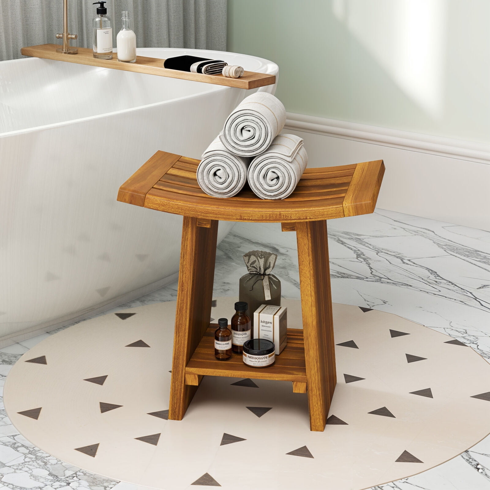 WANGBOY 18'' Teak Shower Stool Wood Shower Bench with Storage Shelf Non ...
