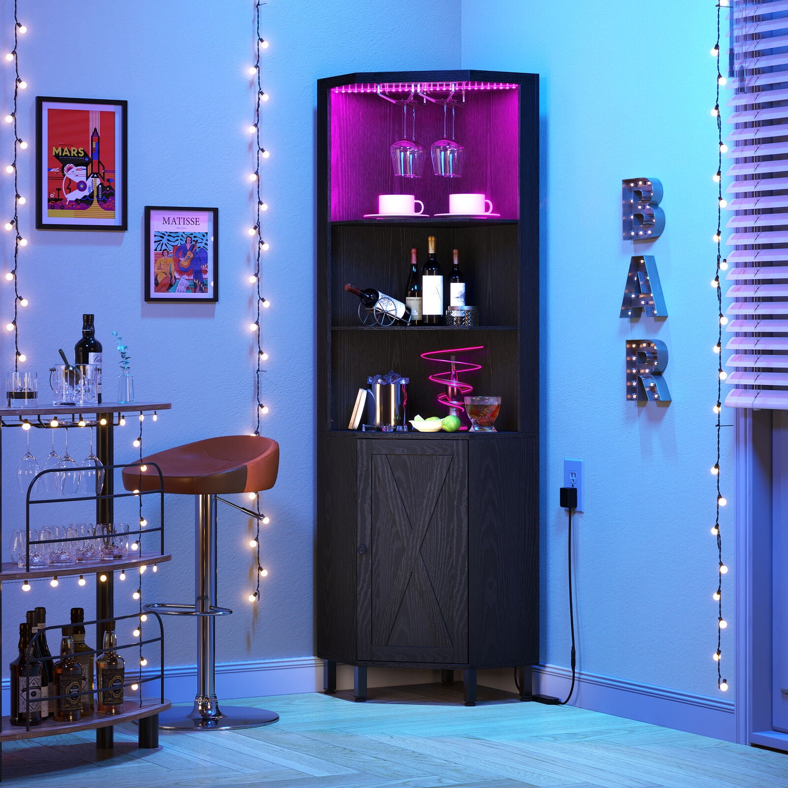WANGBOY Bar Corner Liquor Cabinet Wine Storage Stemware Rack with LED Light Dining Room,corner shelf stand comes with a beautiful multi-colour RGB LED light strip, which can be controlled a phone app