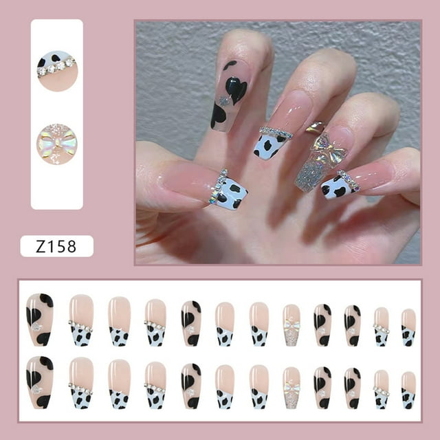 WANGJIAOID French Bow Long Nails Art Blacks And Whites Finished Nails