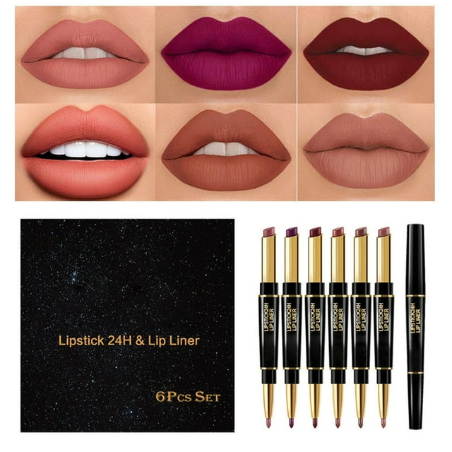 WANGJIAOID Lip Dip Lipstick Lip Liner 2in1 Set, 6 Colors Double Heads
