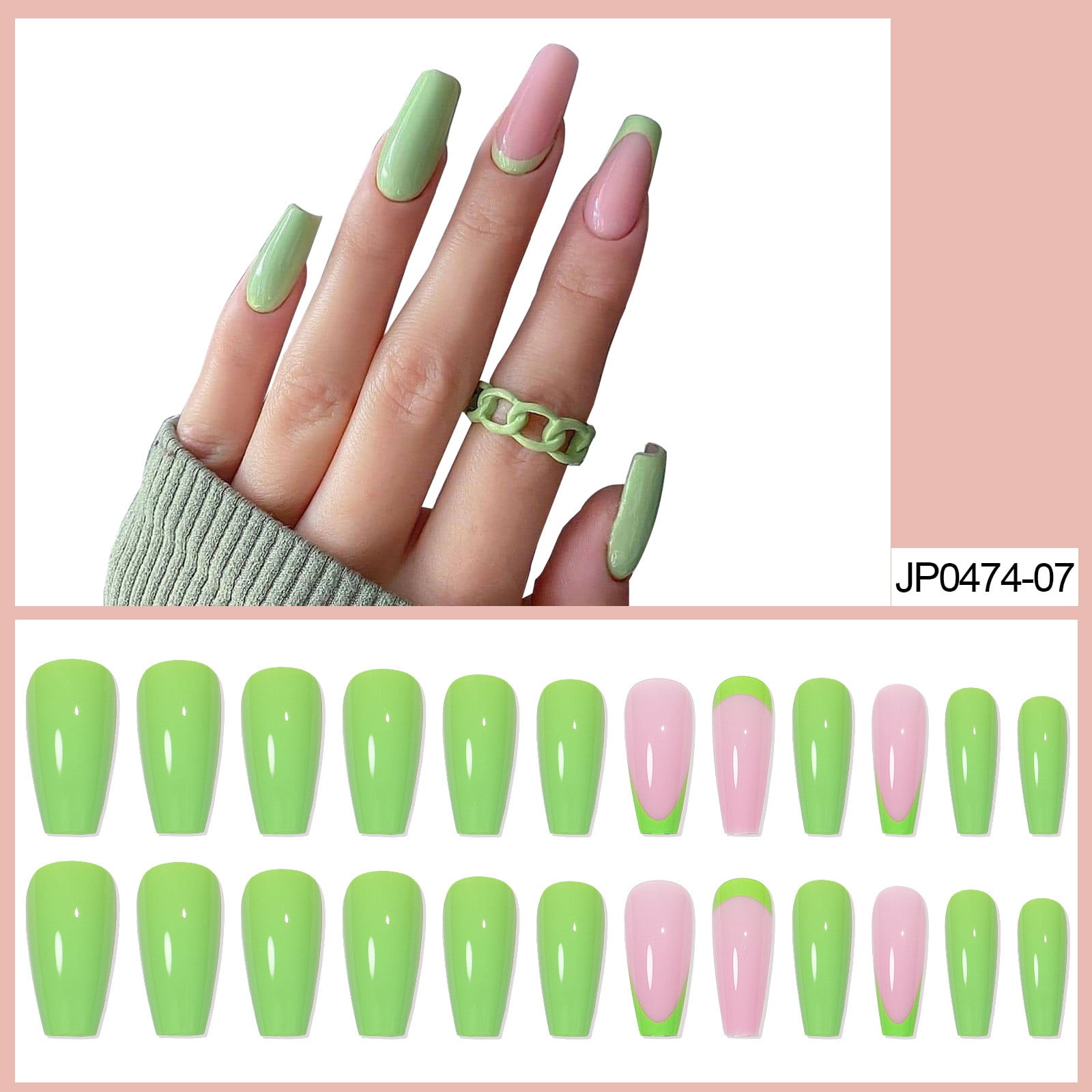 WANGJIAOID Nail Patch Green Wearing Nail Product 24 Pieces With Jelly