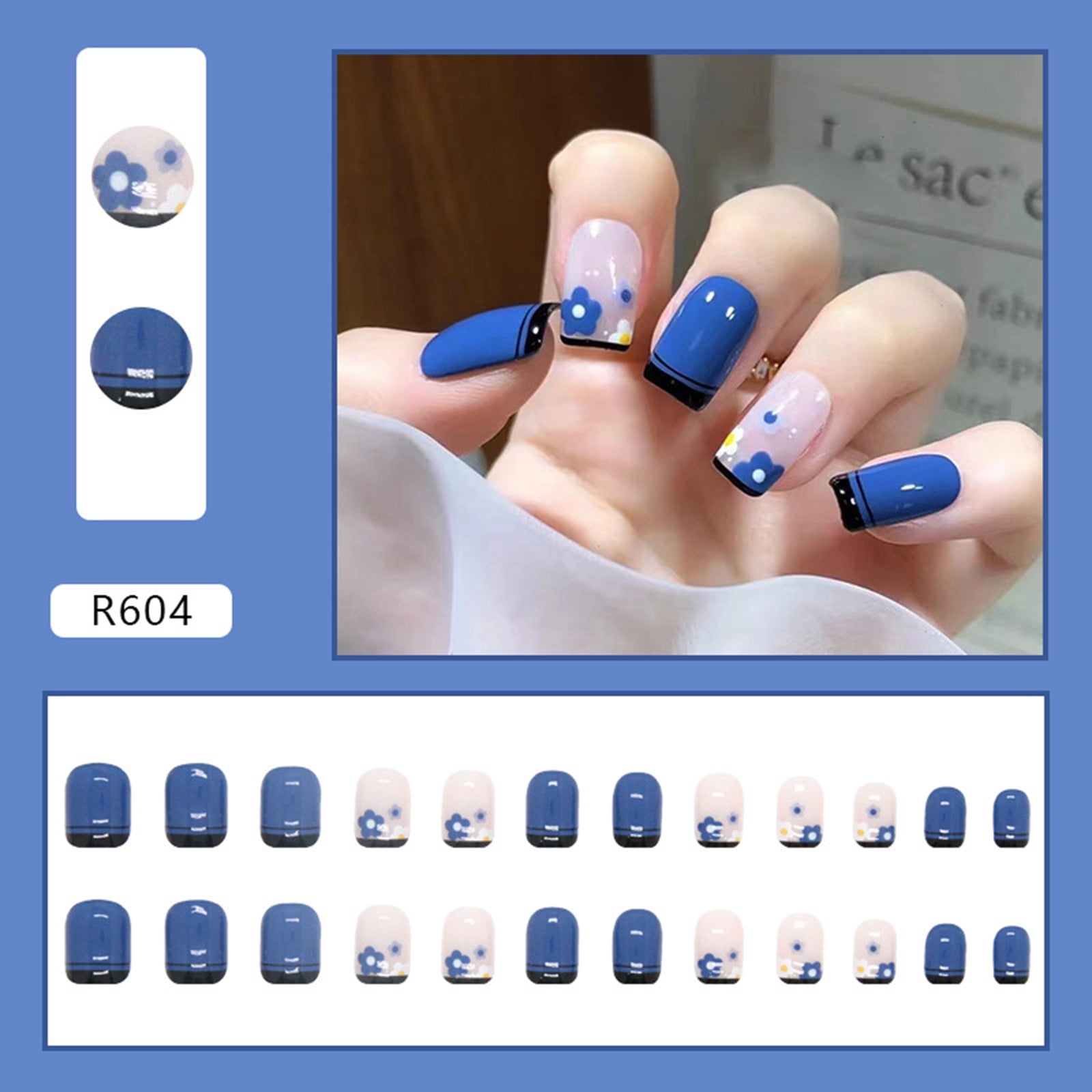 WANGJIAOID Short Square Nails Blue Small Flower Powder Tender Ice