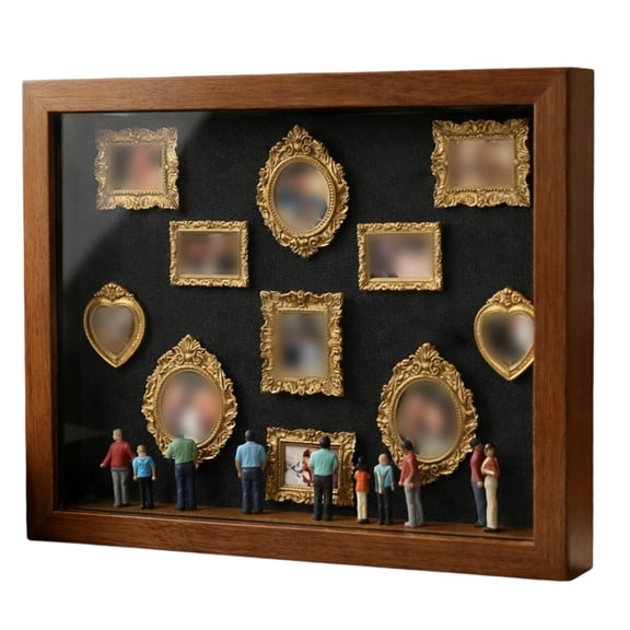 WANGJING 19PCS DIY Mini Museum Shadow Box Resin Memory Display With 11 Mini Frames 8 Figurines Decorative Illuminated Effect 33 X 23 X 5 Cm Brown