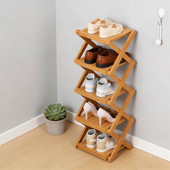 WANGJING 2/3/4/5/6/7/8-Tier Foldable Shoe Rack Organizer - Premium Wood, Slim Profile, 34" H x 27" W x 19" D (Flat-Pack Included), Natural Wood Finish