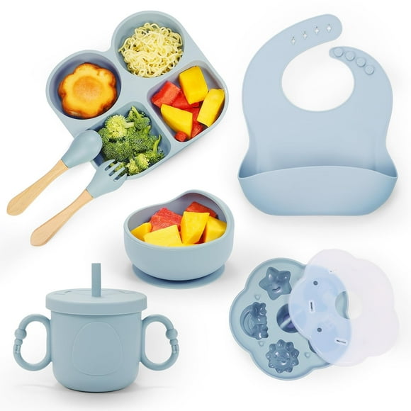WANGQIANG Silicone Baby Feeding Set, Baby Led Weaning Supplies, Baby Food Tableware Silicone Suction Plate, Bowl, Spoons, Fork, Waterproof Bib, Cup & Complementary Food Cake Mold, Baby Eating Utensils