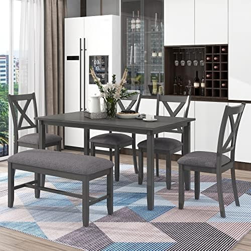 6-Piece Farmhouse Dining Set With Bench - Rustic Table With Storage Drawer & 4 Chairs, Antique Blue Finish, Saves Space