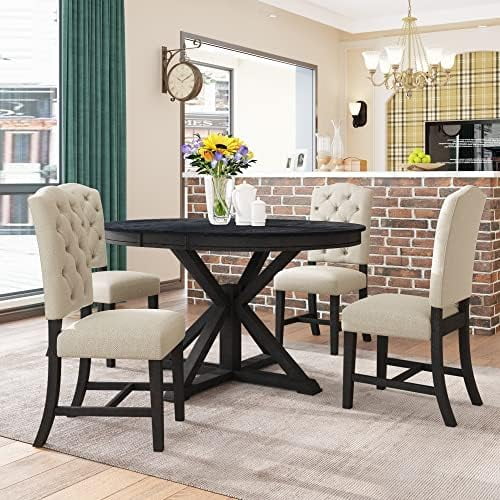 WANGYUKAI Wooden Round Dining Table Set 5 Piece Extendable Kicthen ...