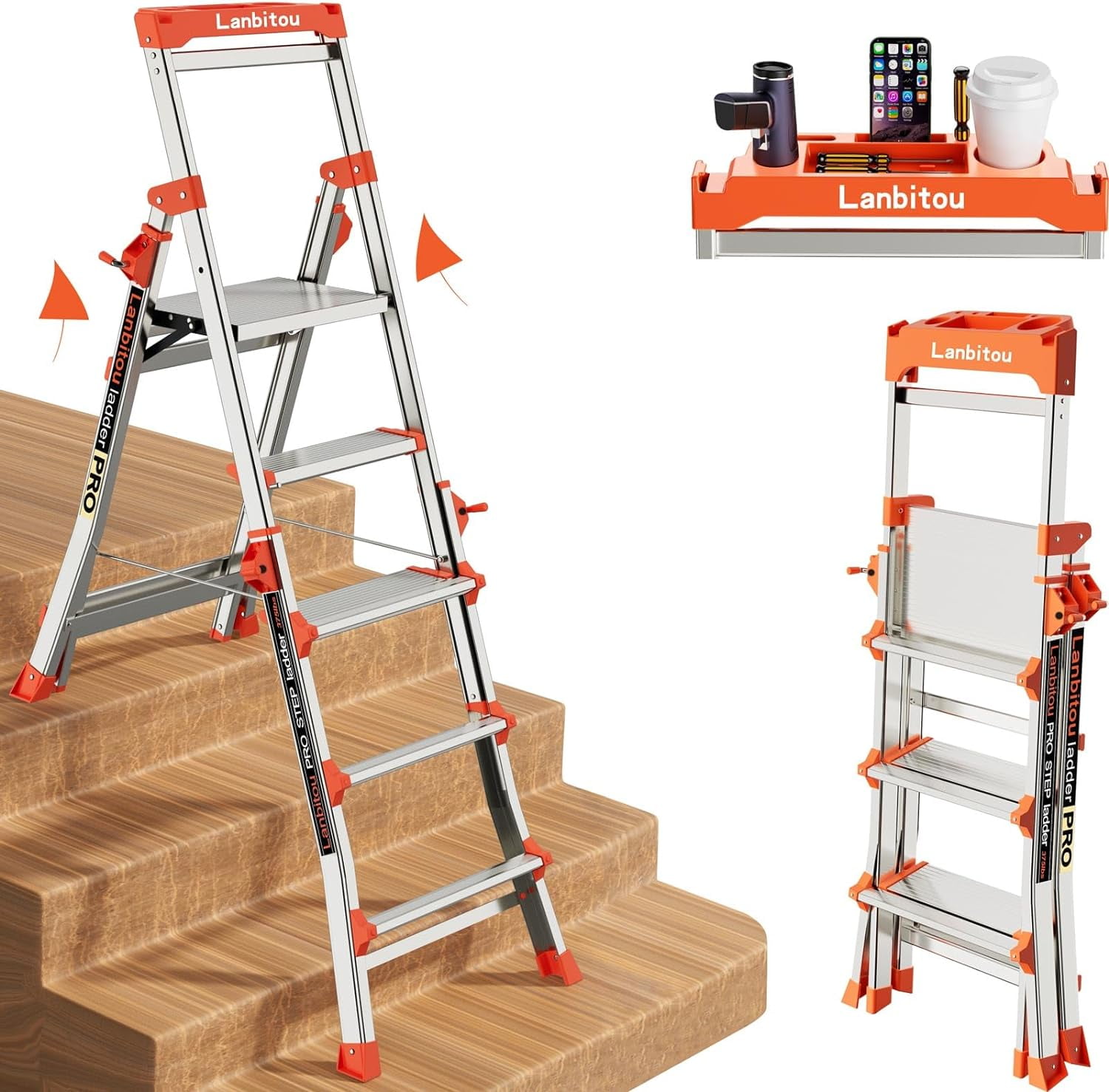 WANHUI Ladder, Aluminum 5 Step Ladder with Handrails, AntiSlip Wide Pedal, Tool Platform