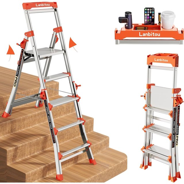 WANHUI Ladder, Aluminum 5 Step Ladder with Handrails, AntiSlip Wide